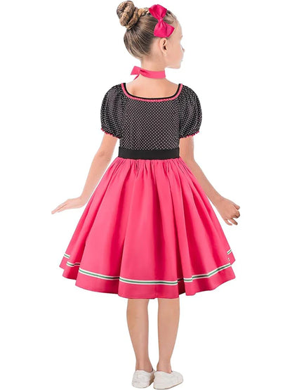 Girls Party Dresses Summer Dress Poodle Print Polka Dot Vintage Dress With Scarf Outfit Girls Casual Summer Dresses Birthday