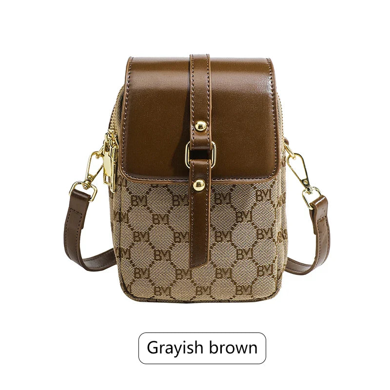 Women's checkered diagonal cross small round bag, retro contrasting flip shoulder bag