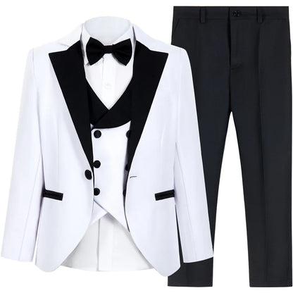 Brand Suit Set for Boys 3-14 Yrs, Classic Black Collar Suit Jacket Vest Pants Bowtie Set, Communion Party Suits Toddler