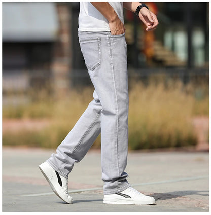 2026 Summer Brand New Men's Straight Loose Thin Jeans Simple Casual Clothing Lightweight Cotton Stretch Light Grey Jeans