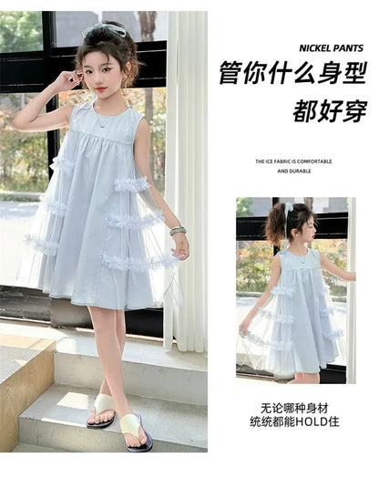 Cute blue lace sleeveless dress With Bag princess dress For 2-10 Yrs baby girls Children Clothes 6.1 Children's Day Clothing