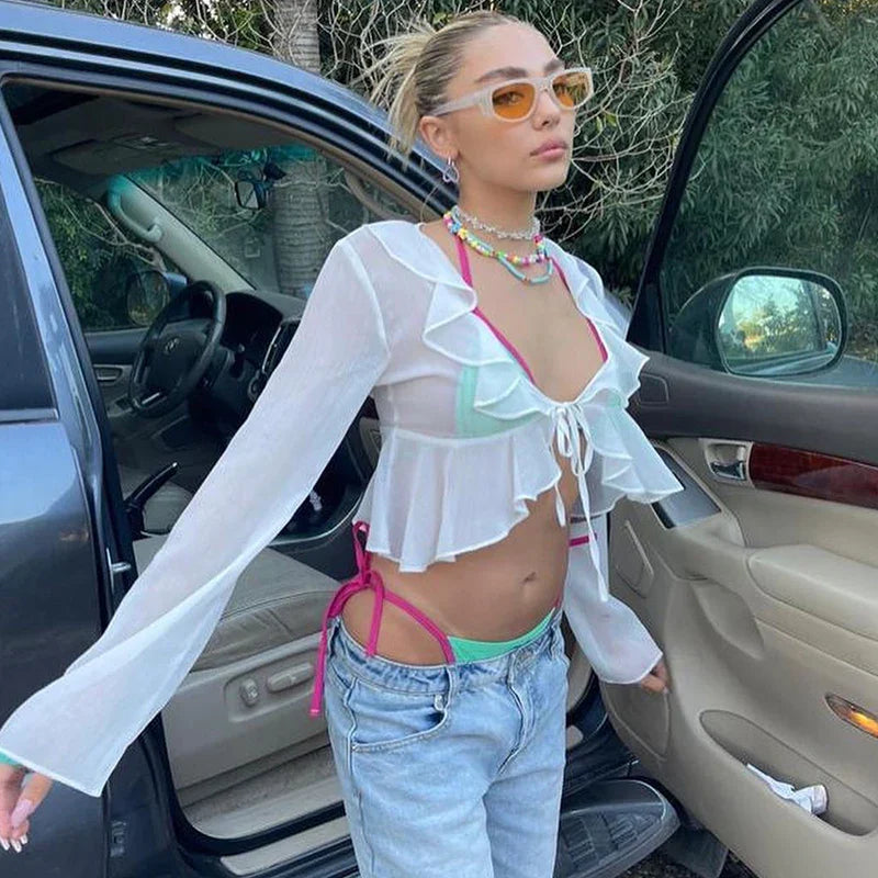 2025 Women Fungus Lace Solid See Through Silk Flare Sleeve V Neck Crop Tank Fashion Casual Sweet Girl Top