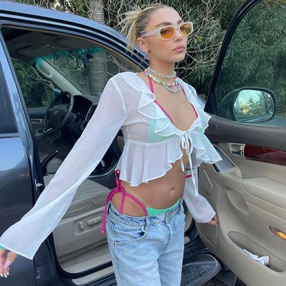 2025 Women Fungus Lace Solid See Through Silk Flare Sleeve V Neck Crop Tank Fashion Casual Sweet Girl Top