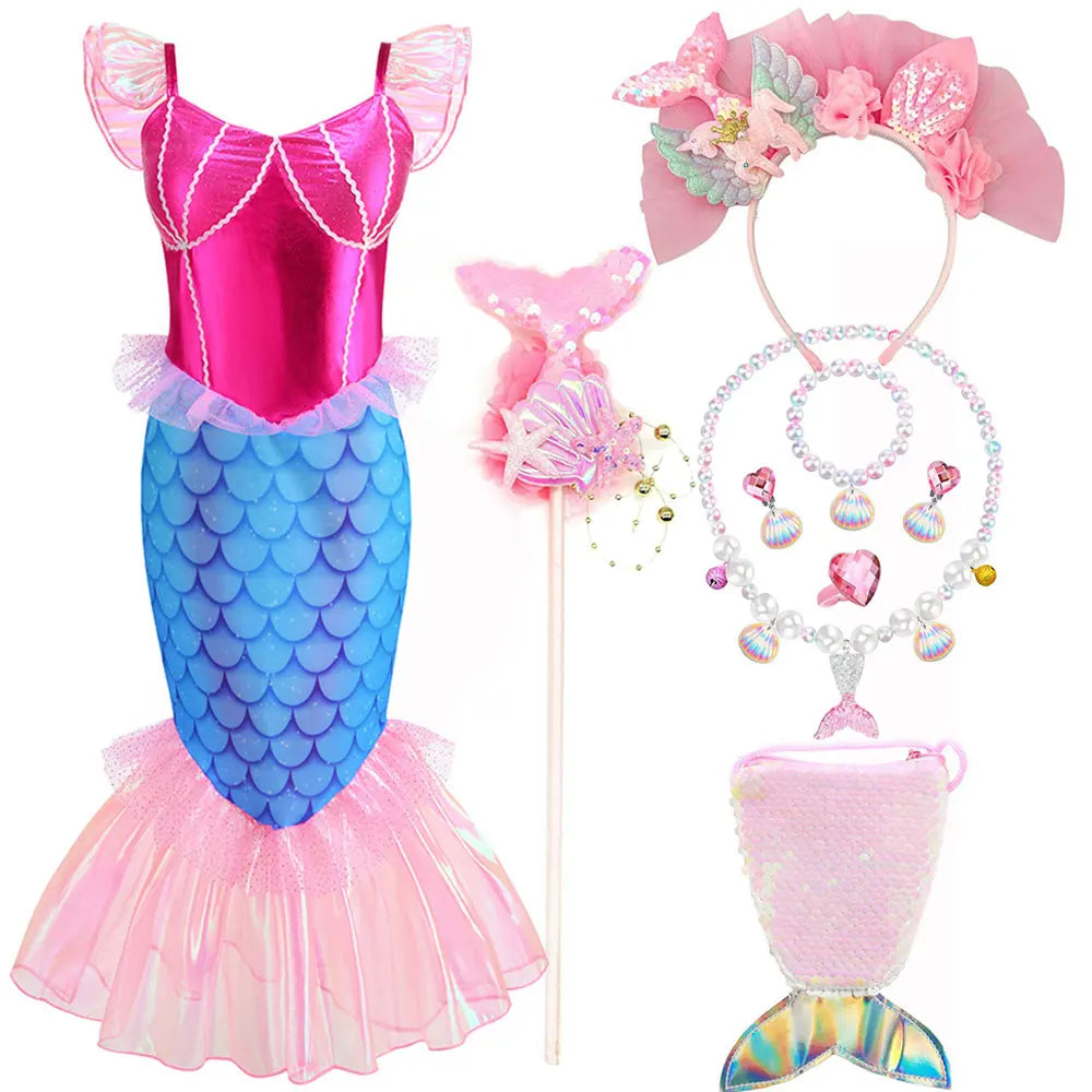 Blue Red Purple Three Colors Mermaid Flying Sleeve Fishtail Beautiful Dress For Girl Summer Beach Party Cool Swimsuit Set