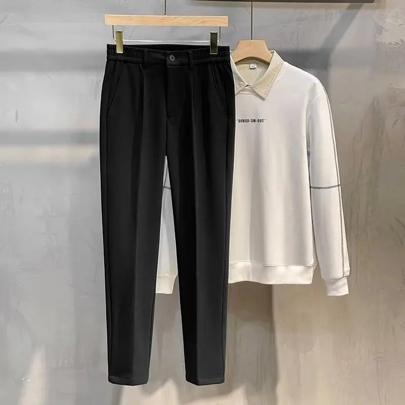 Men's Woolen Straight Leg Casual Pants Autumn Winter Thickened Fashionable Nine Point Pants mid Waist Pure Color Anti-Wrinkle