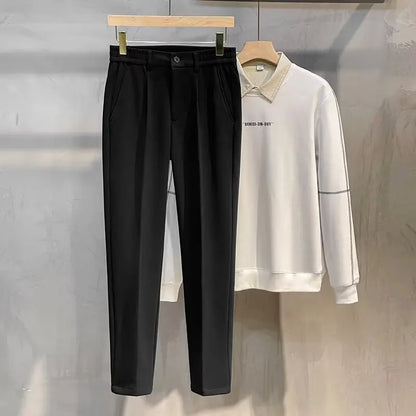 Men's Woolen Straight Leg Casual Pants Autumn Winter Thickened Fashionable Nine Point Pants mid Waist Pure Color Anti-Wrinkle