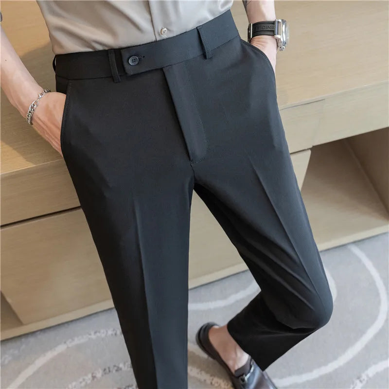 Stretch Solid Color Men's Trousers, Suitable for Business Casual, Parties, Formal Events, and Ankle-length Slim Pants.28-40