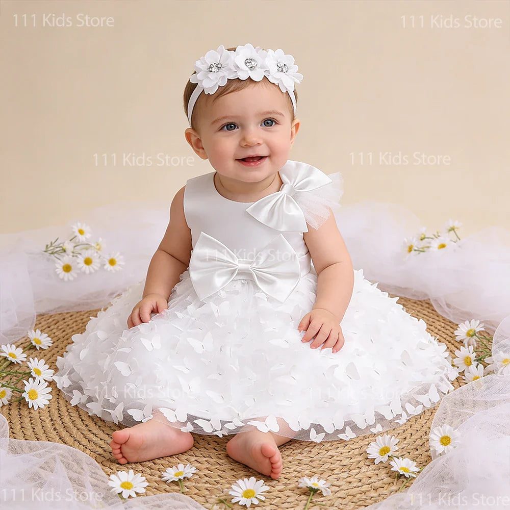 Vestido Borboleta Branco e Rosa de Verão para Meninas Vestido de Noiva de Tule Roupa de Batizado Roupa de Bebê Menina 1º Aniversário