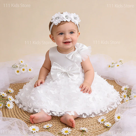 Summer White and Pink Butterfly Dress for Girls Tulle Wedding Dress Baptismal Ceremony Costume Baby Girl Clothes 1st Birthday