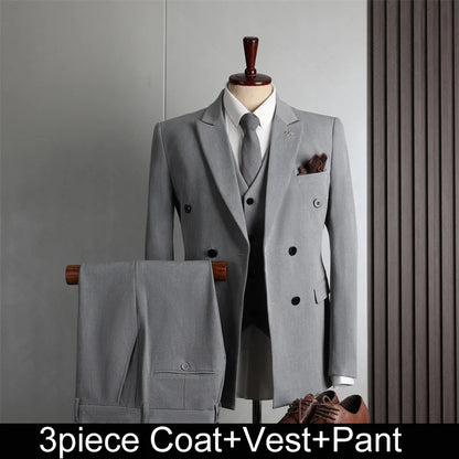 Man Suit Outfit Double-breasted Blazer Men V-neck Vest Straight-leg Pant Male Slim Business Wedding Three-piece Set