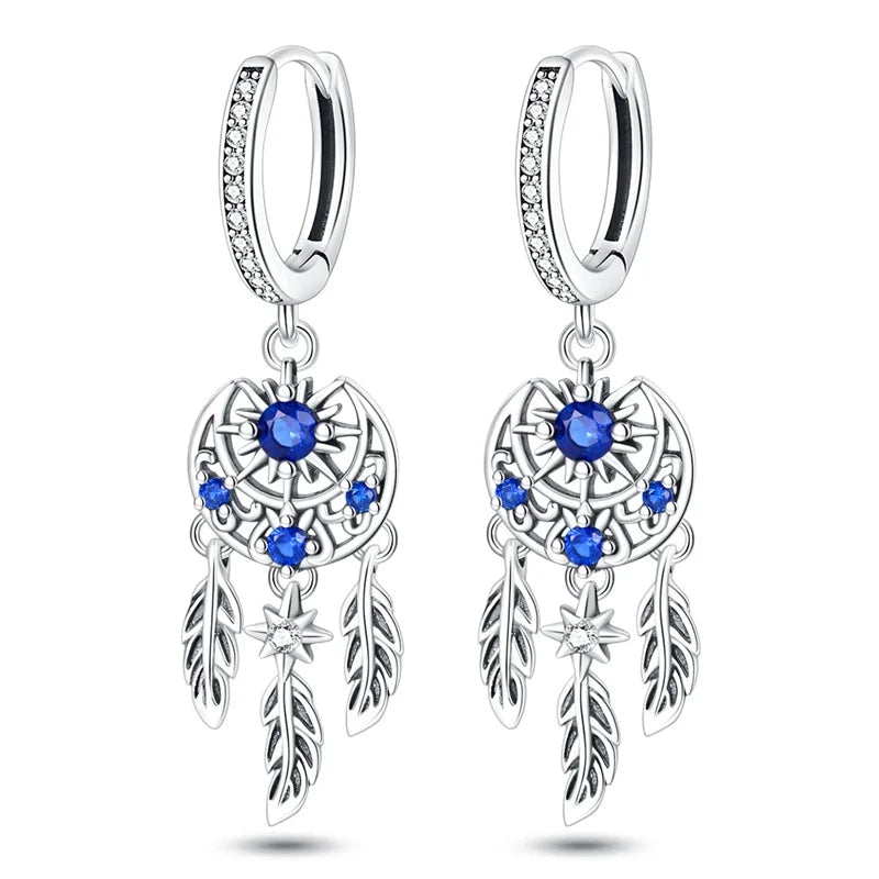 New in 925 Silver Romantic Feather Moon Stars Dream Catcher Earrings For Women Trending Fashion Jewelry Creative Birthday Gifts
