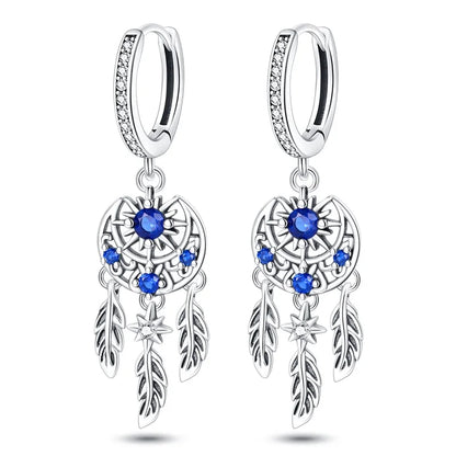 New in 925 Silver Romantic Feather Moon Stars Dream Catcher Earrings For Women Trending Fashion Jewelry Creative Birthday Gifts