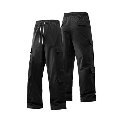 Men's Spring and Autumn Multi-Pocket Cargo Pants with Elastic Waistband and Drawstring Adjustment, Solid Color Multi-Pocket Long Pants Suitable for Outdoor Sports and Leisure