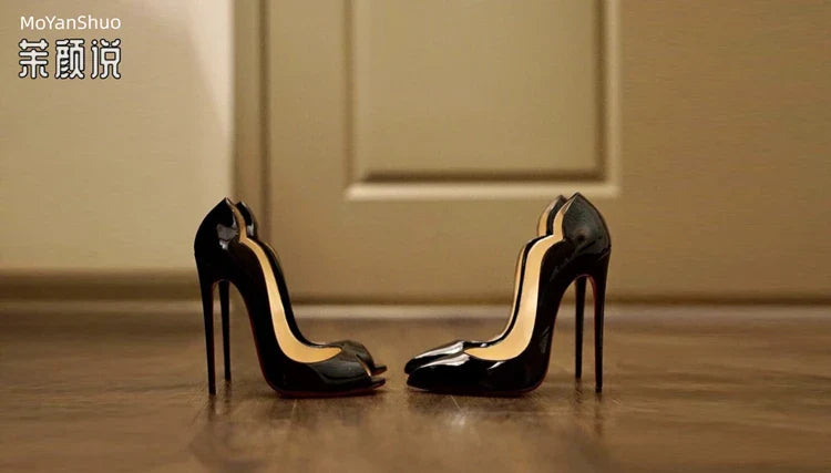 Spring and Autumn New Lacquer Wave V-neck High Heels 12cm Fashionable and Sexy Commuting Single Shoes