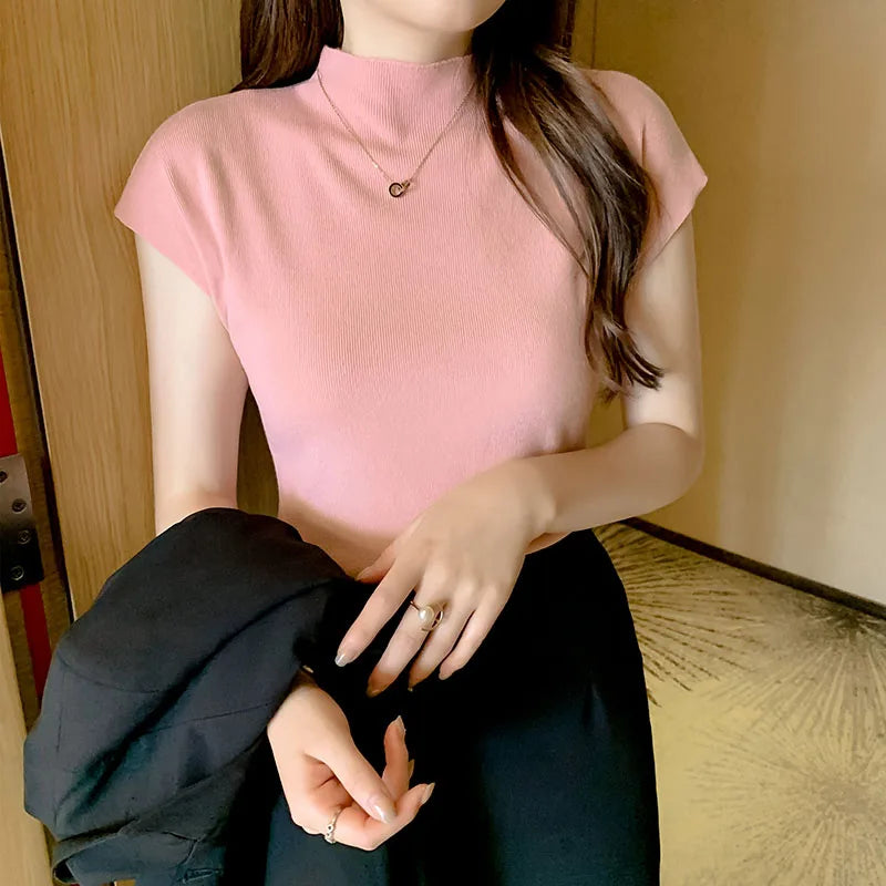 New Women Summer Knitted Turtleneck Sleeveless T-Shirts Tops Solid Slim Fit Pullovers Causal Tees Female Streetwear Basics Tees