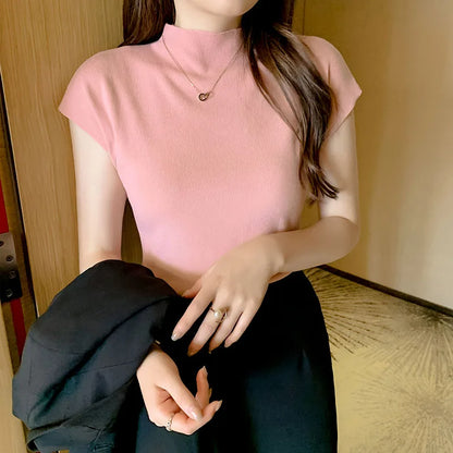 New Women Summer Knitted Turtleneck Sleeveless T-Shirts Tops Solid Slim Fit Pullovers Causal Tees Female Streetwear Basics Tees