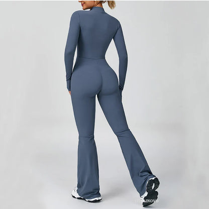 VITALINOVO Women Long Sleeve Flare Workout Jumpsuit Zip Up Romper Bottom Pants Wide Leg Full Length Bodysuit Bodycon One Piece