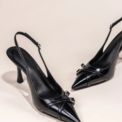 Sapatos de Salto Agulha Elegantes com Fivela, Bico Fino, Boca Rasa, para o Verão, Sapatos Femininos Pretos NO:602