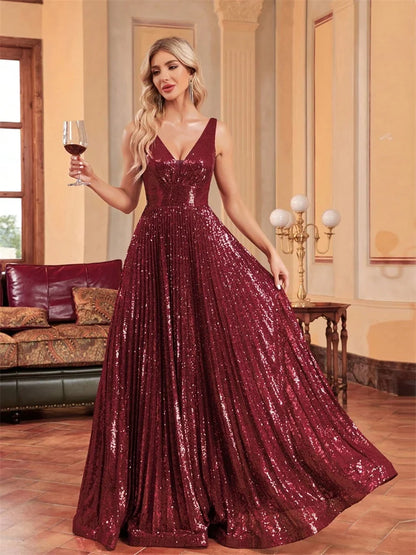 Luxury V Neck Sleeveless Formal Evening Dress Women 2024 Sequins Wedding Party Prom Maxi Cocktail Dresses Vestidos