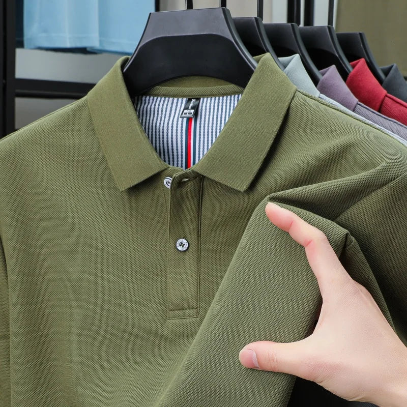 100% pure cotton short sleeved men's polo shirt summer boutique fashion high-quality top solid color collar back striped T-shirt