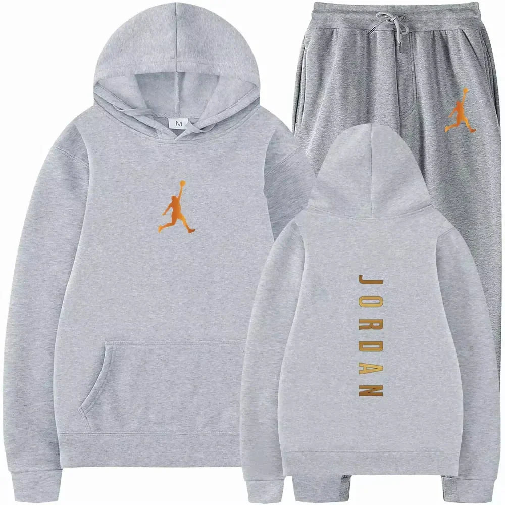 Men's pullovers for autumn and winter, solid-color hoodie + stretch waist jogging pants two-piece set, fashionable outdoor casua