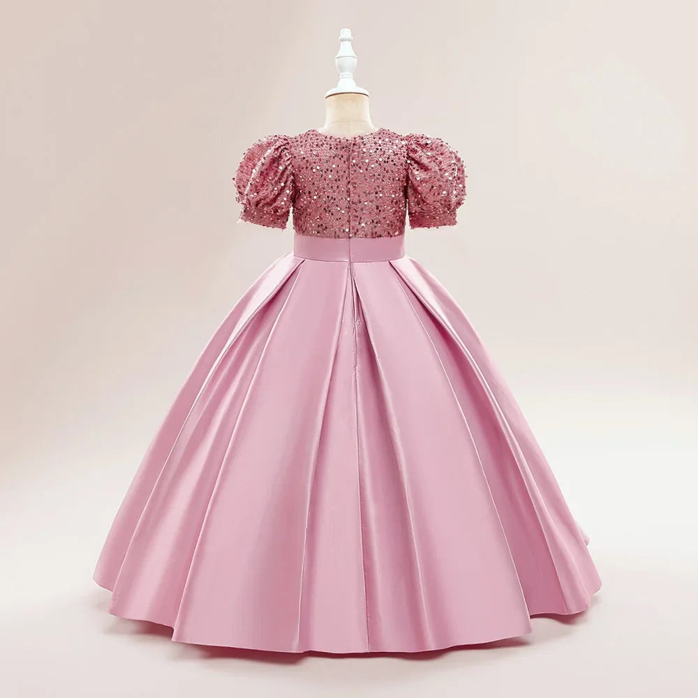Summer Sequin Bridesmaids Party Girl Dress Elegant Bow Wedding Princess Prom Kids Dress For Girls Gala Birthday Evening Costumes