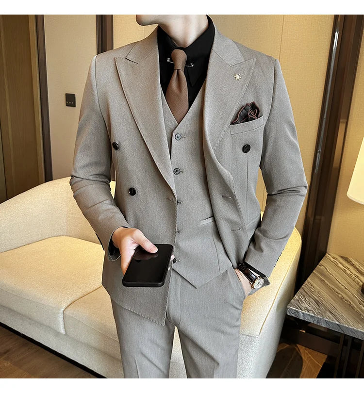 (Jackets+Pants) Luxury Double Breasted Design Slim Fit Suit High Quality Fashion Men's Wedding Social Suit Tuxedo 2 Piece Set