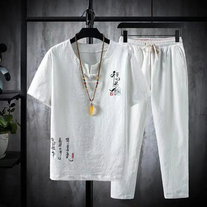 (Shirt + trousers)2025 summer Chinese Style men shirt Cotton and linen shirts men's High quality casual shirts Two Piece M-5XL