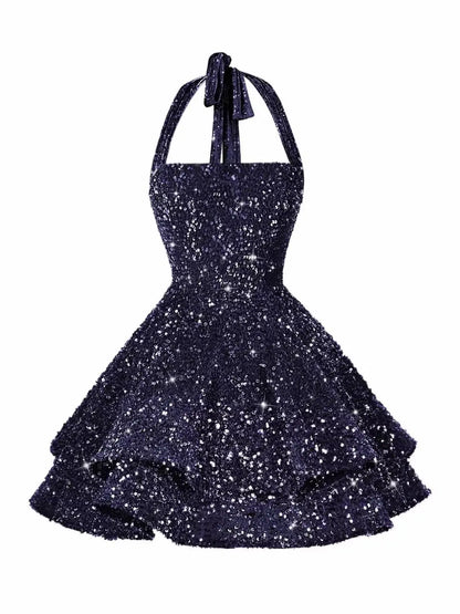 Sequin Short Homecoming Dress for Teens Short Prom Dresses Halter Neck Sparkly Tiered Cocktail Party Gowns