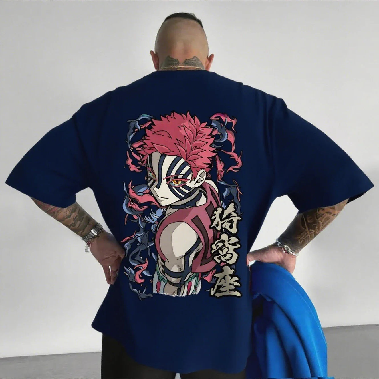 Camiseta Masculina Demon Slayer Akaza Anime Oversized Algodão Feminina Manga Curta Tops Verão Streetwear Gráfica Casual Roupa Y2k