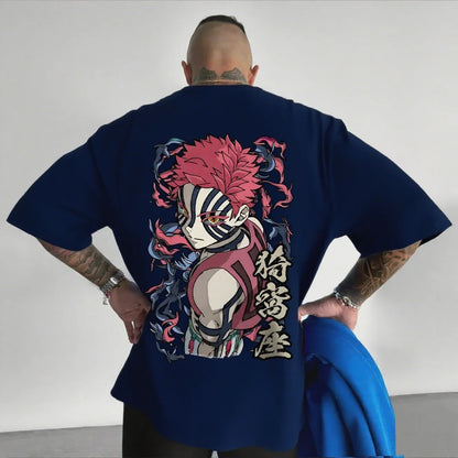 Camiseta Masculina Demon Slayer Akaza Anime Oversized Algodão Feminina Manga Curta Tops Verão Streetwear Gráfica Casual Roupa Y2k