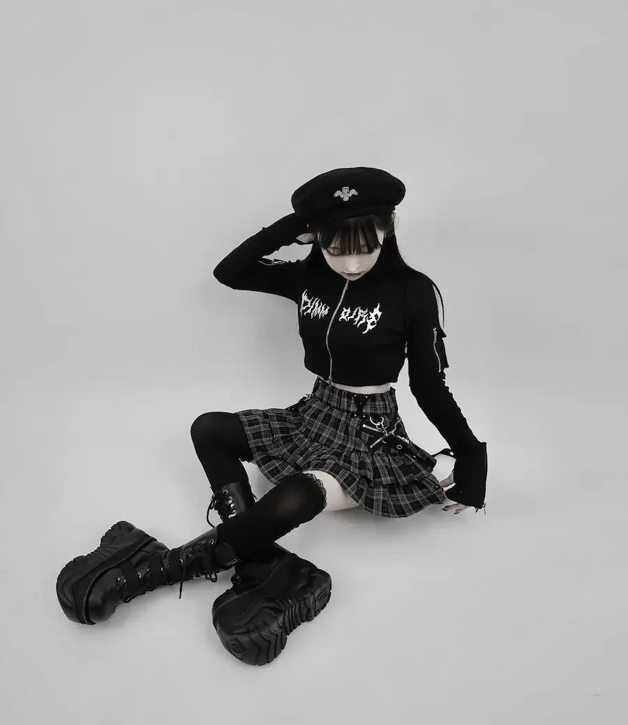 Summer New Cute Girl Elastic High Waist Women's All-Matching Short Y2k Skirts Punk Style Zipper Ruffled Plaid Mini Skirt