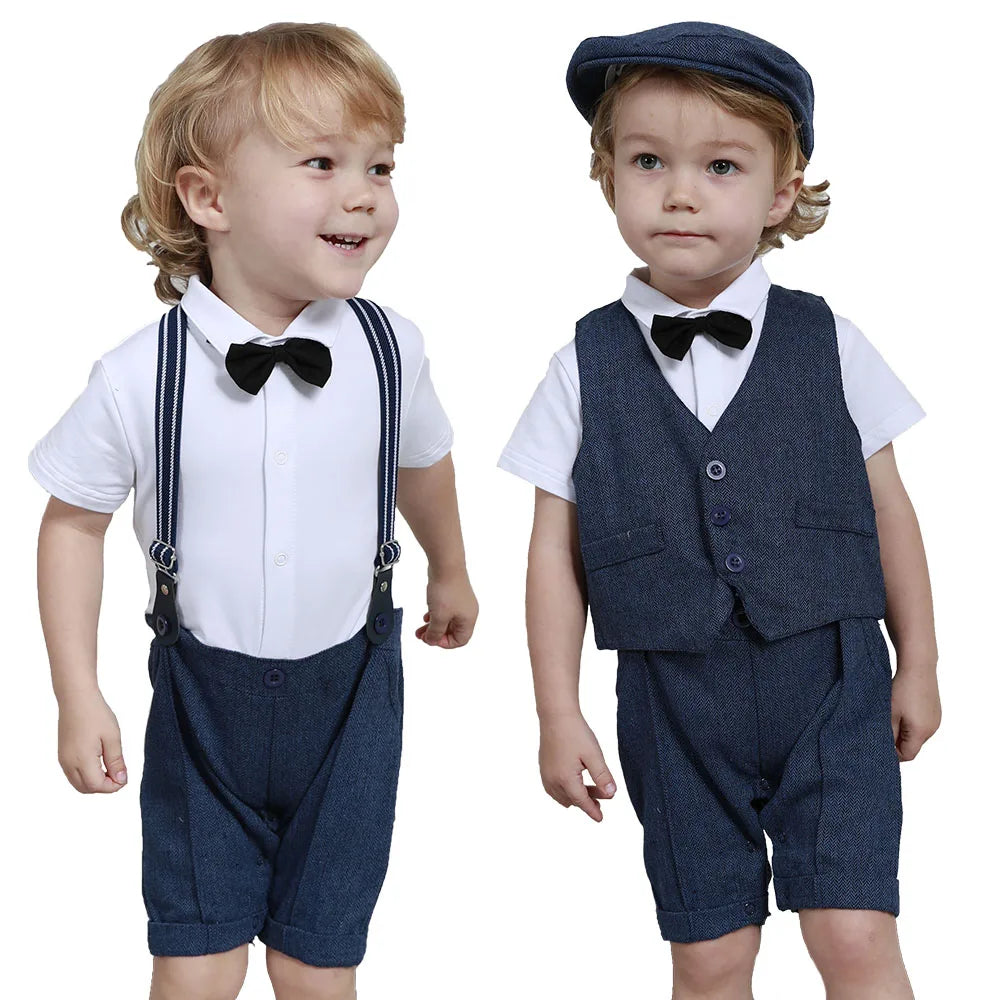 Baby Boys Baptism Outfit Infant Wedding Gentleman Set Christening Formal Birthday Party Suit Suspender Bow Tie Romper