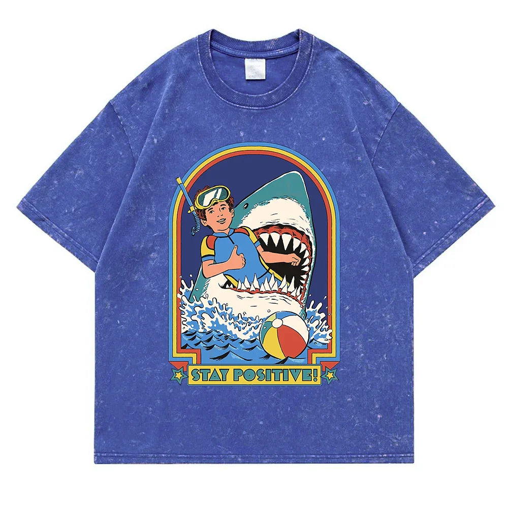Stay Positive Printing Washed Retro Snow Mens T-Shirt Cotton Loose Tees Cotton Oversize Streetwear Breathable Tshirt Couple