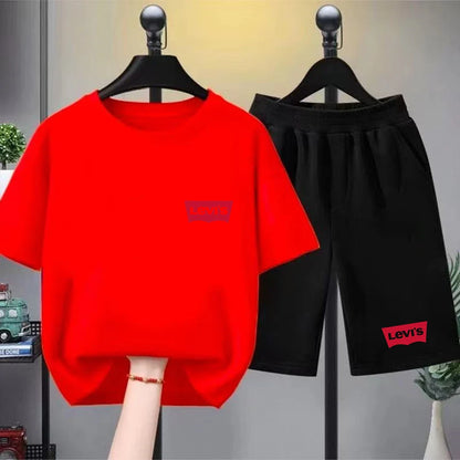 Summer Boy Girl red  T-shirt+Shorts Two-piece set Kids Brand Clothing Fashion 3-12Yrs Sports Short-sleeved Casual black Set