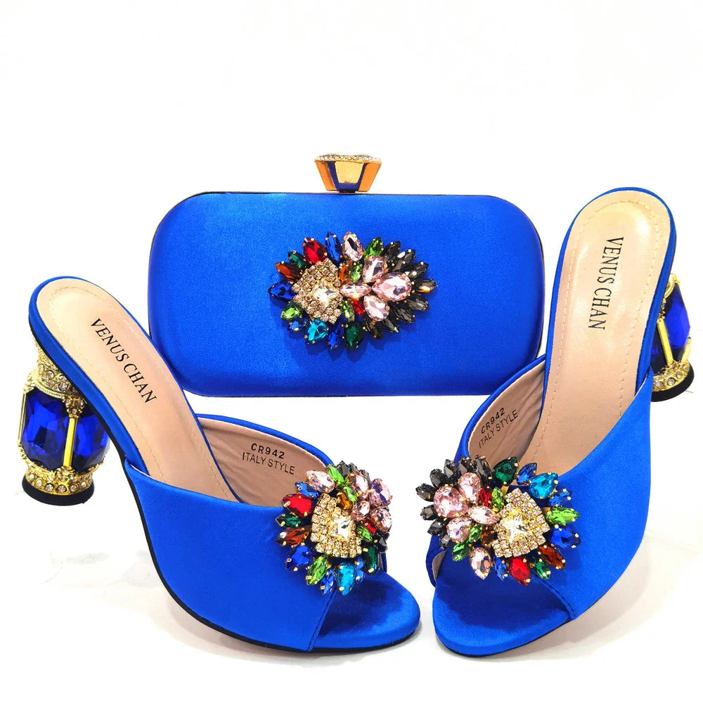 Bolsas e Sapatos de Casamento com Salto Alto Feminino de Festa com Strass Luxuosos na Cor Amarela Elegantes para a Noite
