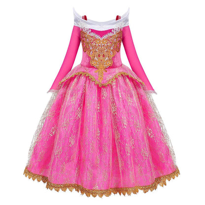 Exquisite Princess Ball Gown Sleeping Beauty Fairy Tale Costume Play Lace Gold Rim Deluxe Christmas Aurora Party Dress 2 4 6 8Yr