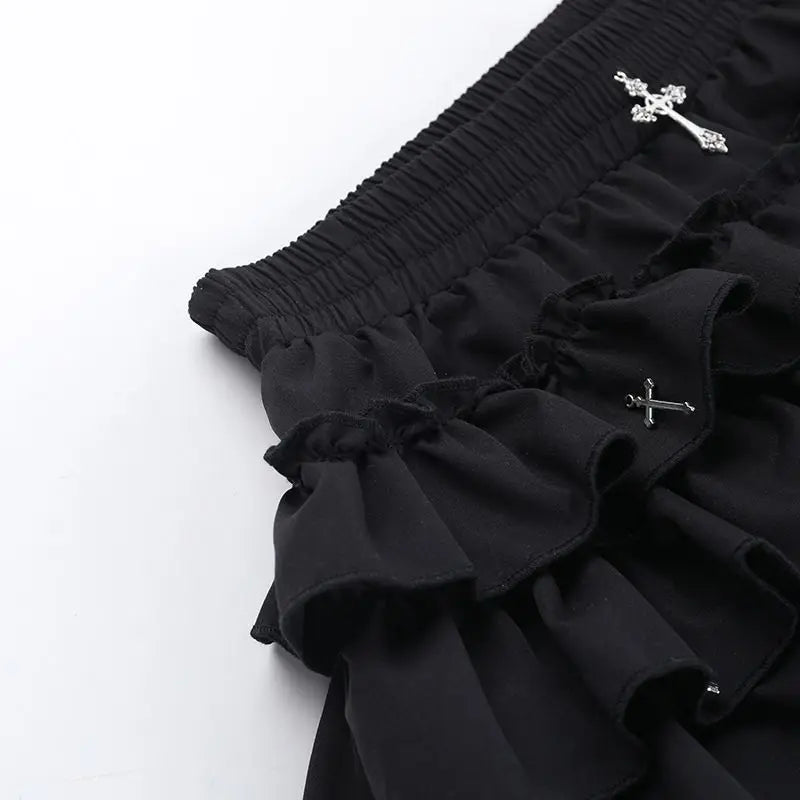 2026 Summer New Arrival Hot Girl Trendy Versatile Mini Skirt Dark Cross DesignTiered Cake Black Fluffy Skirts