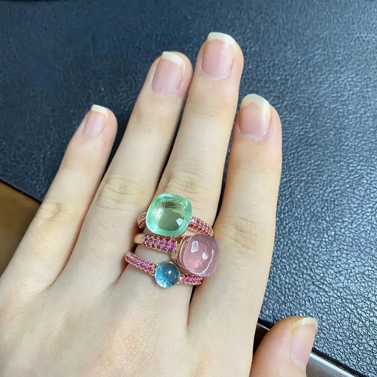 Conjunto de 3 anéis empilháveis ​​Nudo para mulheres, conjunto com cores mistas, cristais tipo bala incrustados, zircônia, ametista, topázio azul, joia redonda, presente