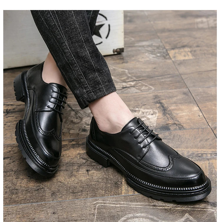 New Brock engraved casual leather shoes for men genuine leather business formal wear British thick-soled height-increasing style