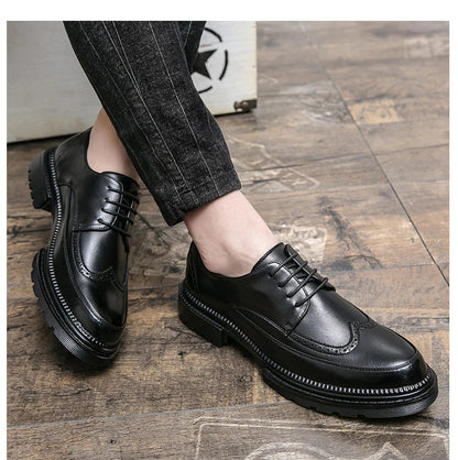 New Brock engraved casual leather shoes for men genuine leather business formal wear British thick-soled height-increasing style