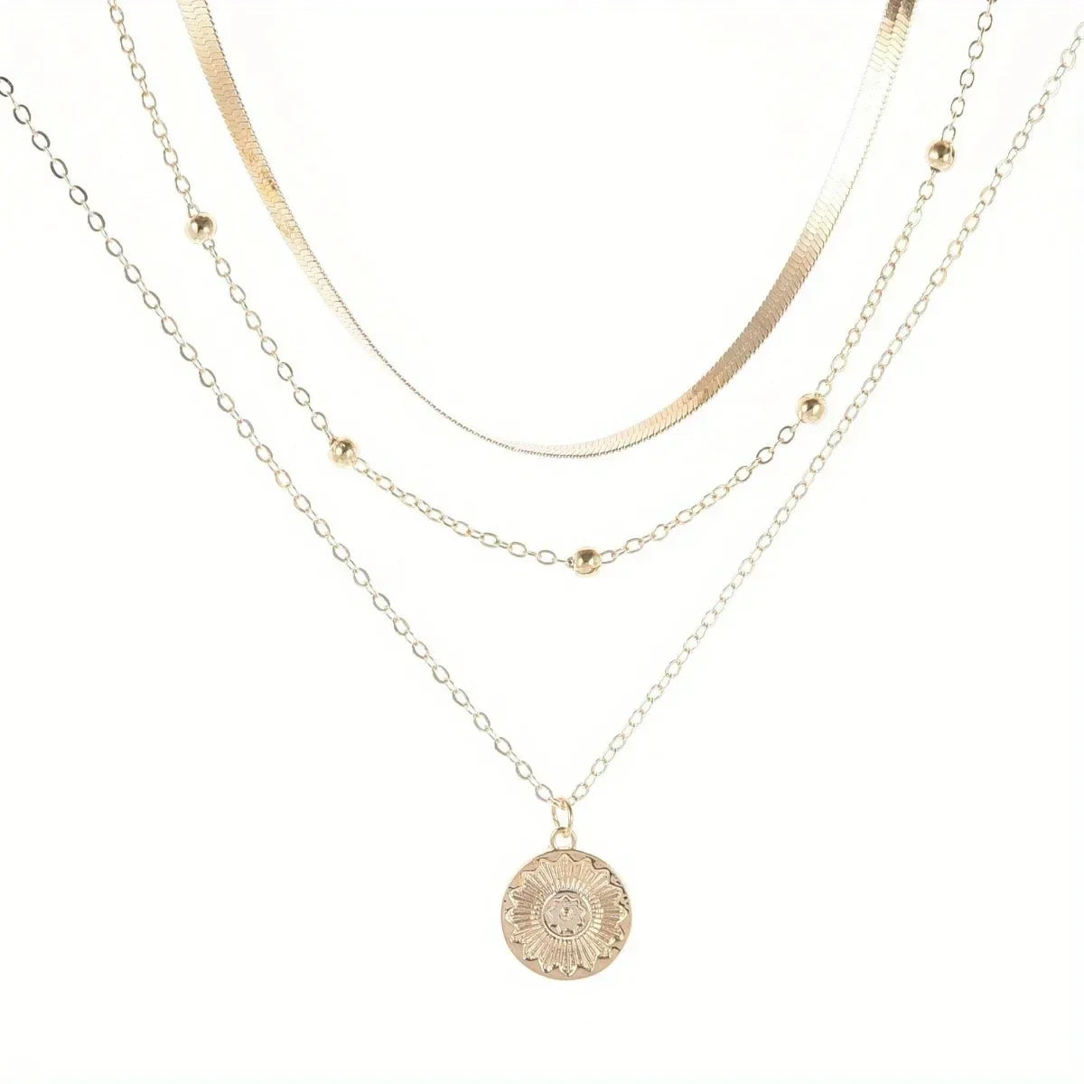Multi-layer Chain Necklace Alloy Material Silvery Three-layer All-match Design Women's Snake Bone Chain with Round Bead Chain