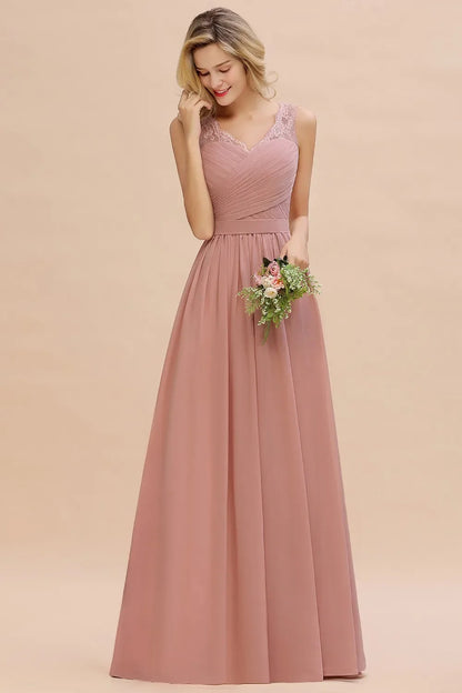 Elegant Bridesmaid Dress Pleated Bodice See-through Lace Cap Sleeves Maxi Flowy A-Line Skirt Wedding Party Gown Women