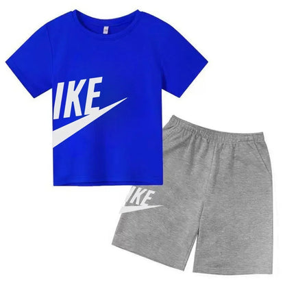 Fashion Sport 2Pcs Outfit, Printed Short Sleeve Tee and Shorts, Comfortable Summer Tracksuit for Boys Girls