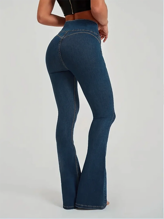 Fashion High Street Simple Spring Jeans Pants Women Solid Color High Waist Pocket Button Slim Flared Trousers