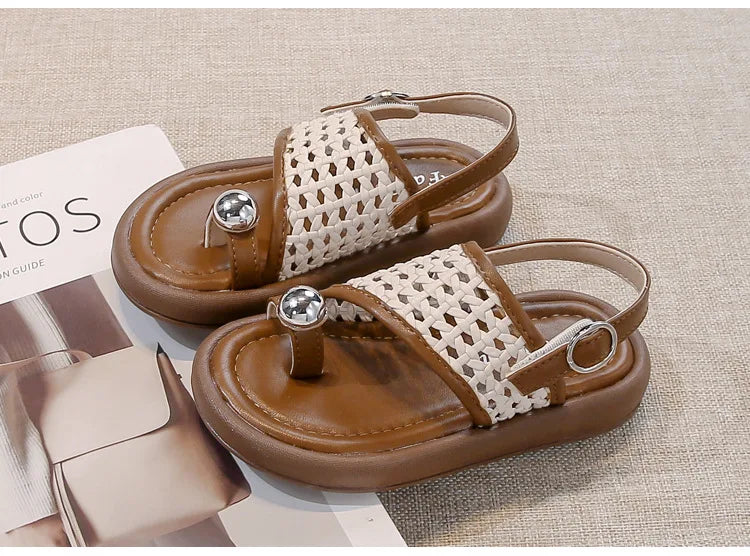 Children's Shoes Girls Flip-flops 2025 Brand Summer Sandals for Kids Fashion Braided Beach Shoes Princess Flat Slingbacks I05281