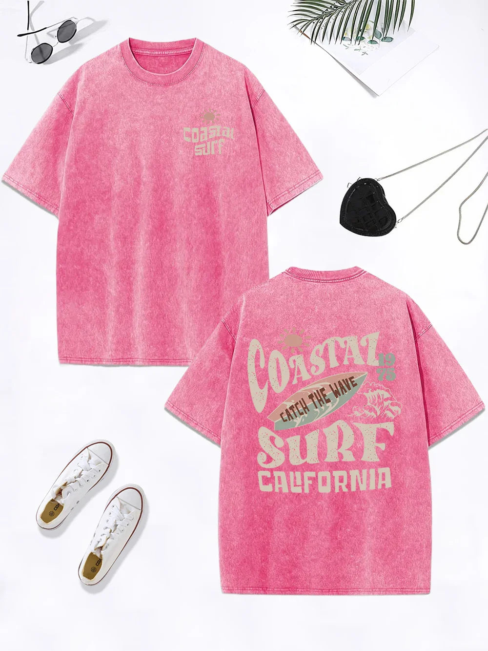 Surf Catch The Wave California Prints Washed T-Shirt Women Cotton Oversize Tops Distressed O-Neck T Shirt Summer Clothes
