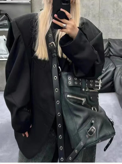 High Street Vintage Handbag Women New Rivet Large Capacity Casual Crossbody Bags Ladies Moto Biker Black Messenger Bag