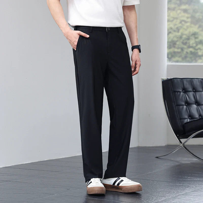 Men's Ice Silk Trousers High Stretch Micro-Grid Straight Leg Pants Business Casual Breathable YKK Zip Quick Dry Slacks 2026