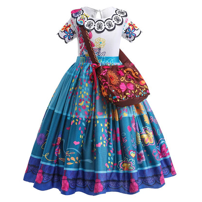 Fantasia Infantil de Princesa para Meninas Encanto Halloween Roupa Rodada Estampada Mirabel Desenho Animado Vestido Cosplay para Crianças 3-12 Anos